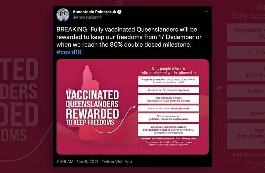 QLD Government Says Vaccinated Will Be “Rewarded” With “Keeping Their Freedoms” For “Doing What We Asked”