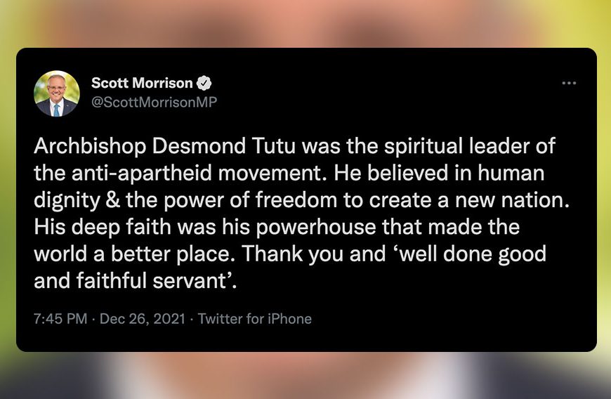 Scott Morrison Remembers Desmond Tutu: “Spiritual Leader of the Anti-Apartheid Movement”