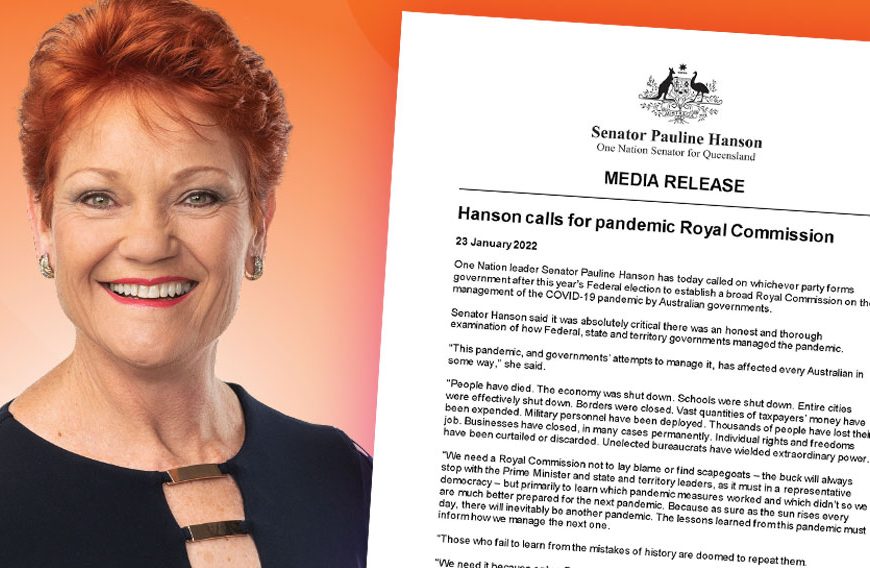 Senator Hanson Calls for a Royal Commission Into the Australian Governments’ Handling of the COVID-19 Pandemic